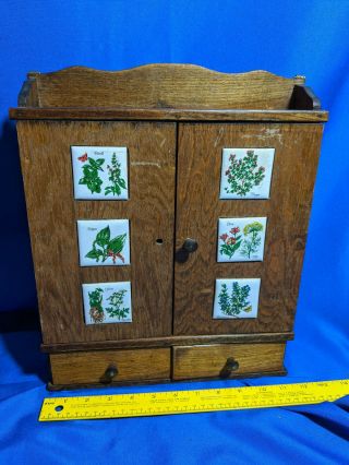 Antique - Vtg Kitchen Spice Cabinet Rack Wood Herb Porcelain Tiles Basil - Thyme