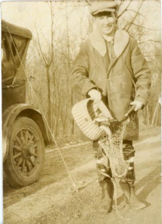 Vintage Sepia Photo Snapshot - Man With Fishing Pole,  Fish,  Net And Creel