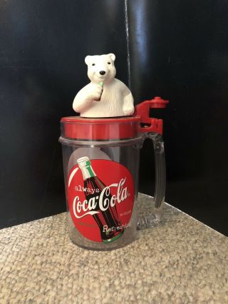1997 Coca Cola Singing Polar Bear Plastic Mug Flip Top