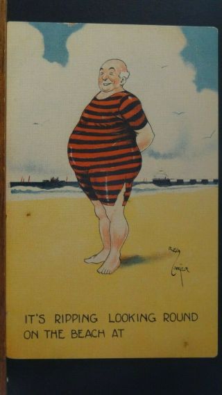 Reg Carter Comic Postcard: Seaside Bathing Costume Humour
