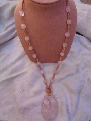 Vintage Old Chinese Export Hand Carved Fruit Rose Quartz Pendant Beads Necklace