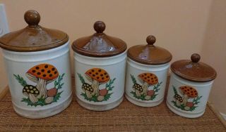 Vintage Sears Roebuck And Co.  Merry Mushroom Set Of 4 Canister 1982 Ceramic.
