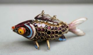 Vintage Chinese Silver Vermeil Multi - Color Enamel Articulated Koi Fish Pendent