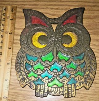 Vintage Golden Cast Iron Metal Owl Trivet Hot Plate Pan Pot Stained Glass Style