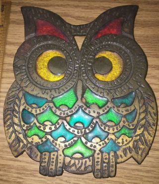 Vintage Golden Cast Iron Metal Owl Trivet Hot Plate Pan Pot Stained Glass Style 2