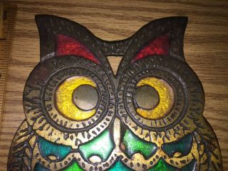 Vintage Golden Cast Iron Metal Owl Trivet Hot Plate Pan Pot Stained Glass Style 3