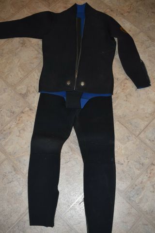 Vintage Aqua Lung U.  S.  Diver 2 Piece Wetsuit Size M - L Thick Neoprene Black