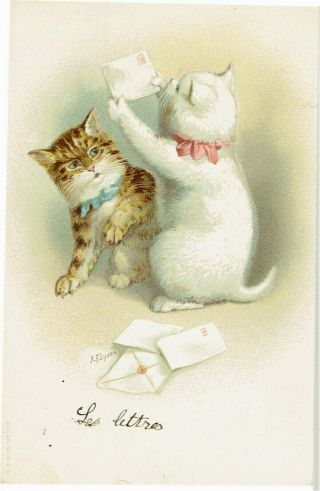 A F Lydon Artist Signed Old Postcard Anthropomorphic Cats Looking At Letter