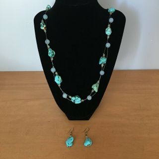 Vintage Native American Turquoise Stone Beaded Necklace W/ Turquoise Earrings