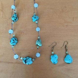 Vintage Native American Turquoise Stone Beaded Necklace w/ Turquoise Earrings 3