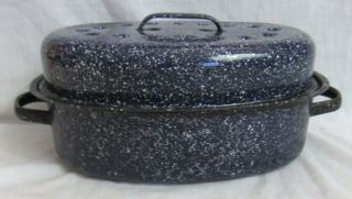 Vintage Graniteware Roaster Speckled Dark Blue Enamelware Roasting Pan & Lid
