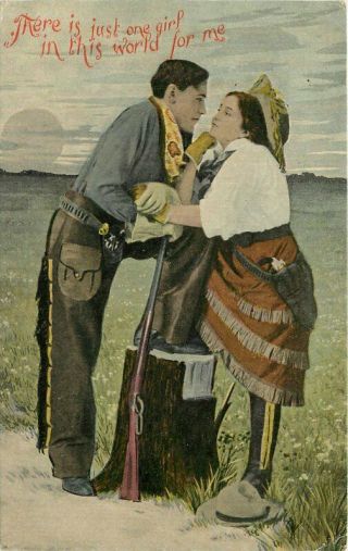 Artist Impression C - 1910 Cowboy Cowgirl Romance Rifle Postcard 8678