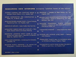 1960 Monsanto Plastics Home Of The Future Fact Sheet for Disneyland Display 2