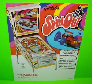 Spin Out Pinball Flyer Gottlieb 1975 Promo Game Artwork Sales Sheet