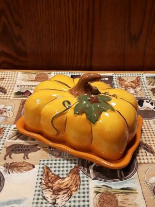 Blue Sky Clayworks Heather Goldminc Ceramic Pumpkin Covered Butter Cheese Dish