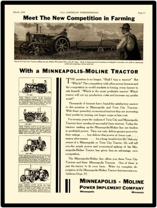 1930 Minneapolis Moline Metal Sign: Twin City 21 - 32 Moline Wheatland Plow,