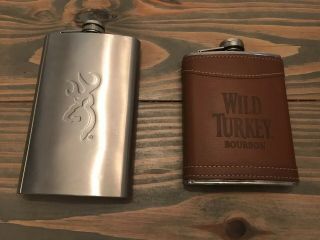 Wild Turkey 8oz Leather Wrapped & Browning Stainless Steel 10oz Flasks Ship