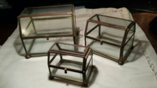 Set Of 3 Brass & Glass Nesting Boxes/display Cases,  5 X 5 ",  4 X 3.  8 " And 3 X 3 "