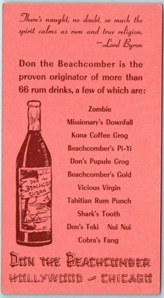 1940s Don The Beachcomber Restaurant Adv.  Postcard Hollywood / Chicago