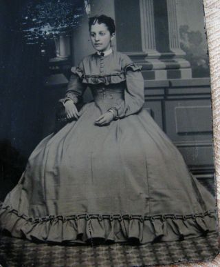 Tintype Photo Of A Lovely Young Woman Wearing A Ruffled Hoop Dress