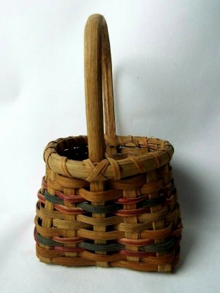 Vintage Primitive Woven Split Oak Gathering Basket With Solid Wood Handle