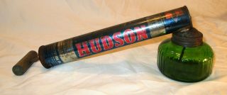 Vintage Hudson Sprayer Duster Insecticide 1950 Wood Handle Green Glass