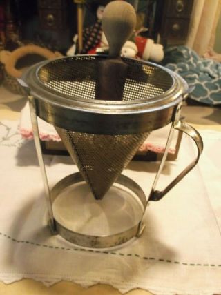 Vintage Aluminum Cone Shaped Fruit Press Sieve Strainer W/ Stand & Wooden Pestle