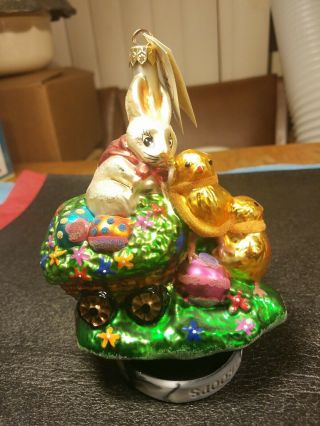 Christopher Radko Easter Rabbit Bunny With Chicks In Cart Ornament Xmas