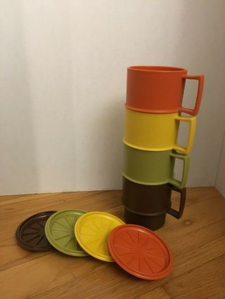 Vtg Tupperware Coffee Cups Mugs 1312 & Coaster Lids Harvest Colors