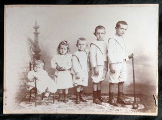 Great 1901 Cabinet Card Photo Siblings Boy Girl Child Toy Game Mallet Croquet