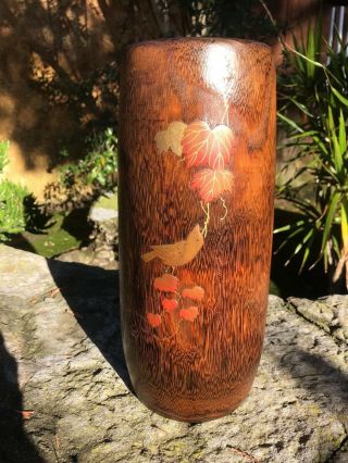 Vtg Japanese Kiri Wood Tree Trunk 11 - 5/8 " Ikebana Flower Vase With Copper Liner