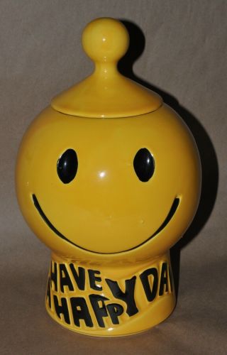 Vintage Mccoy Pottery Yellow Have A Happy Day Smiley Face Cookie Jar 1970 