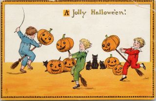 Halloween Children Broomsticks Pumpkins Black Cats Tuck 190 Postcard E76