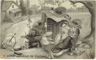 M Boulanger Artist Signed Old Postcard Anthropomorphic Cats Motor Accident1909
