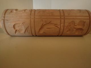 13 " Springerle Rolling Pin With Carved Bird,  Fruit And Designs