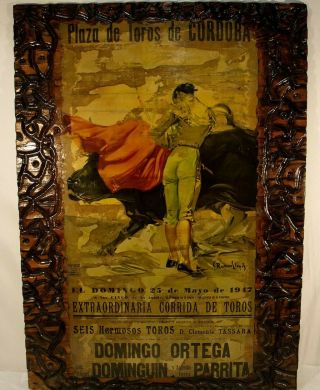 Vintage Bull Fighting Poster Art Piece On Carved Wood Spanish Design Flyer