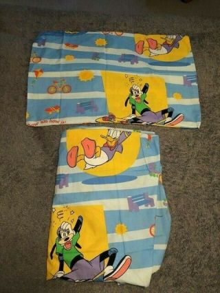 Vintage Walt Disney Mickey Mouse Donald Duck Fitted Twin Bed Sheet With Pillowca