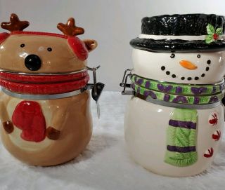 Reindeer Snowman Holiday Ceramic Canister Jar Set Of 2