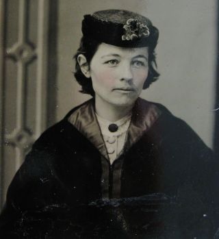 Small Tintype Photo Exceptionally Young Woman Wearing Lovely Coat Hat