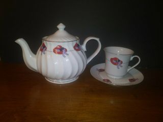 Vintage Darice Red Hat Society Tea Pot,  One Tea Cup & Saucer