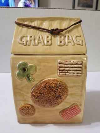 " Grab Bag " Made In Japan Ceramic Lunch Bag Cookie Jar With Leather Strap