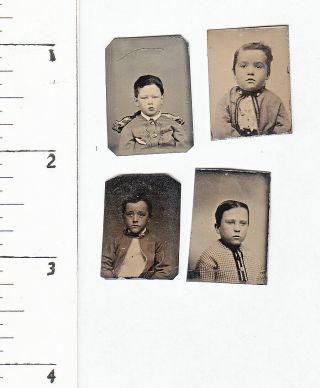 4 Civil War Era Miniature Gem Tintype Photos.  Young Boys.  946p11