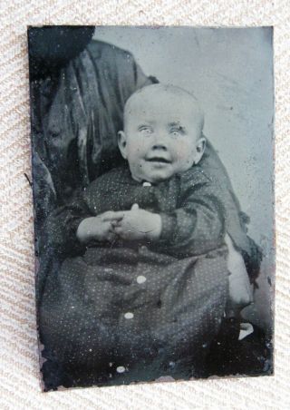 Tintype Photo Cute Little Baby Sitting On Lap Of Hidden Mother Face Blacked Out