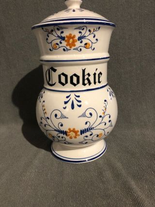 White And Blue Numbered Porcelain Cookie Jar.  Great Shape.