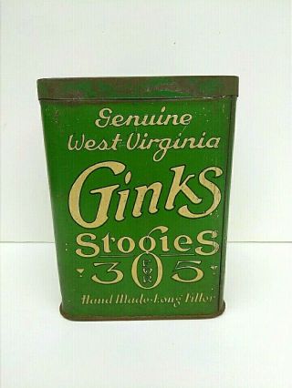 Rare 1900s Antique Vintage Ginks Stoogies 3 For 5¢ Cigar Tobacco Tin Humidor