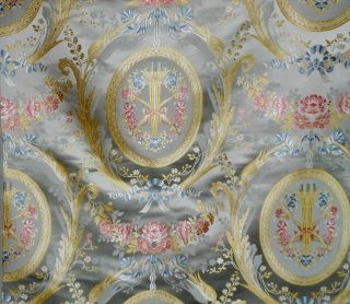 Vintage French Floral Cartouche Silk Fabric Blue Pink Yellow Gold