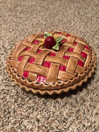 Ceramic " Red Cherry Pie " Plate 10 1/2 " For 9 " Pie With Recipe With Lid