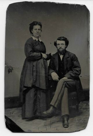 TINTYPE PHOTO T41 MAN AND WOMAN IN DRESS - STRIPED PANTS 2