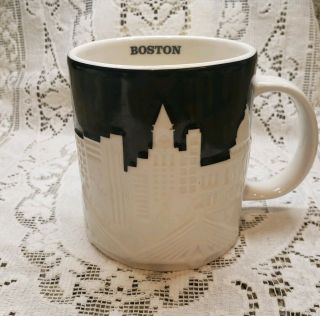 Starbucks Coffee Co 2012 16 Oz Ceramic Mug Boston White Skyline Relief