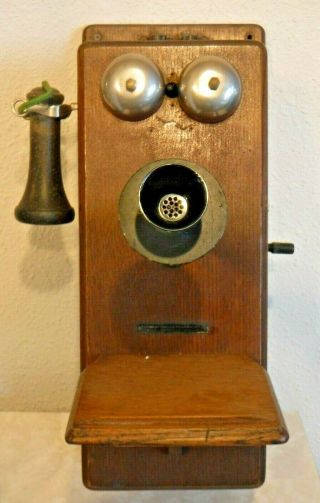 Stromberg Carlson Wooden Wall Telephone,  Receiver W/four Bar Magneto